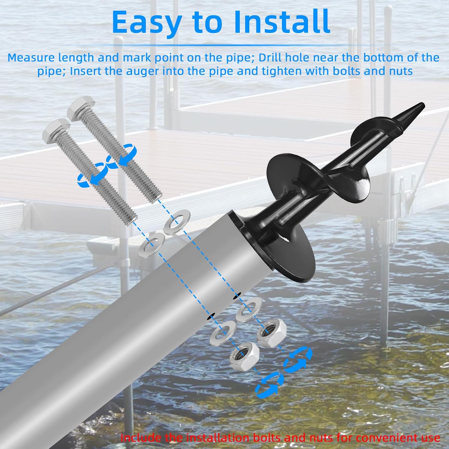 Dock Auger for 2" OD Pipe w/ 1.725" ID or 1.790" ID, Dock Sand Auger for PVC Tubing Sandbar Anchor or Aluminum Dock Post Pole,Stationary/Floating Dock Auger Anchors for Mud,Sand,Lake,Clay,River Bottom