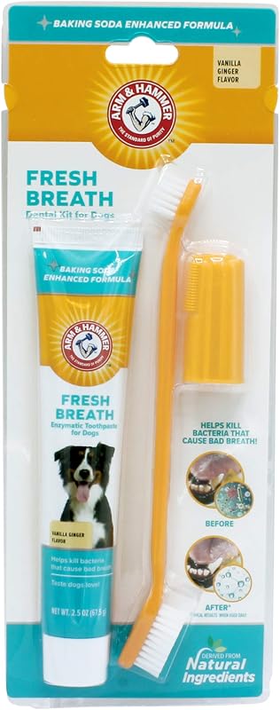 Kit dental para perros Arm & Hammer Fresh Breath, vainilla y jengibre, 2.5 oz, 3 piezas | Incluye pasta de dientes, cepillo de dientes y cepillo para dedos, bicarbonato de sodio mejorado, reduce la placa y el sarro diariamente.