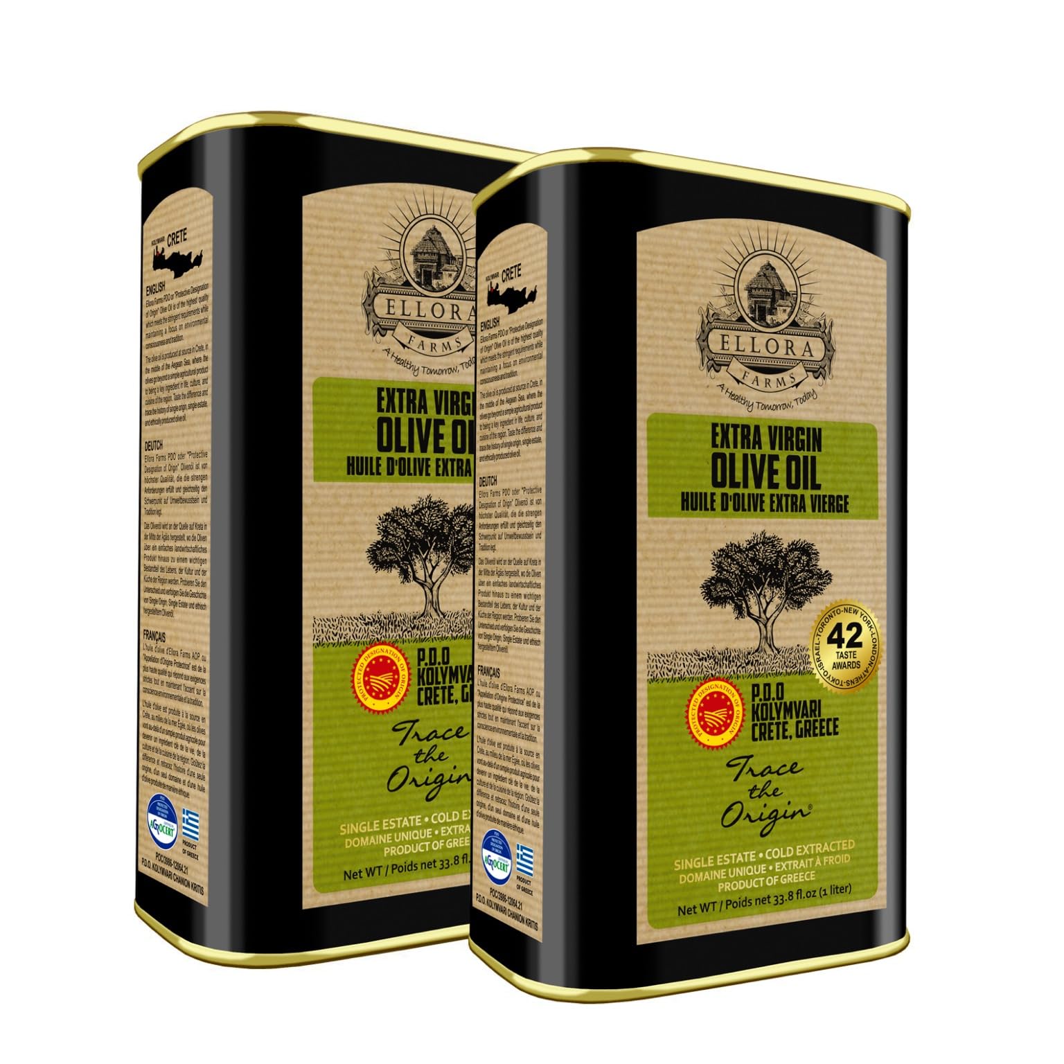 Ellora Farms Olive Oil Extra Virgin, Traceable & Certified PDO Polyphenol Rich Extra Virgin Olive Oil Cold Pressed, Global Gold Awards, Kosher, Single Origin from Crete, Greece 33.8 Fl oz, Pack of 2