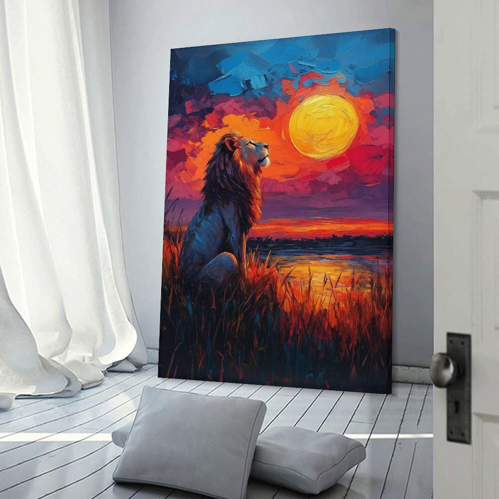 Junmoney Lion Under The Sun Painting Canvas Wall Picture, 12x18inch(30x45cm), for Wall Displays, Bedrooms Or Room Updates, Wall Decor Suited to Curated Displays