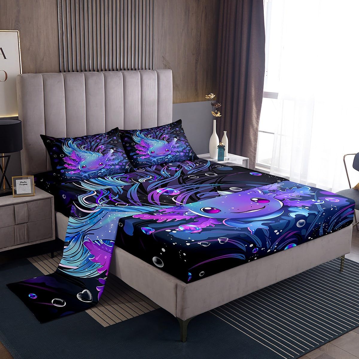 Feelyou Cute Axolotl Bed Sheets Set Boys Girls Queen Size Salamander Sheet Set for Kids Women Men Ultra