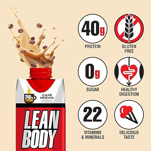 Miniatura 3 de Lean Body - Batido de proteína Café Mocha listo para beber, 240 mg de cafeína, 40g de proteína, mezcla de suero, 0 azúcar, sin gluten, 22 vitaminas