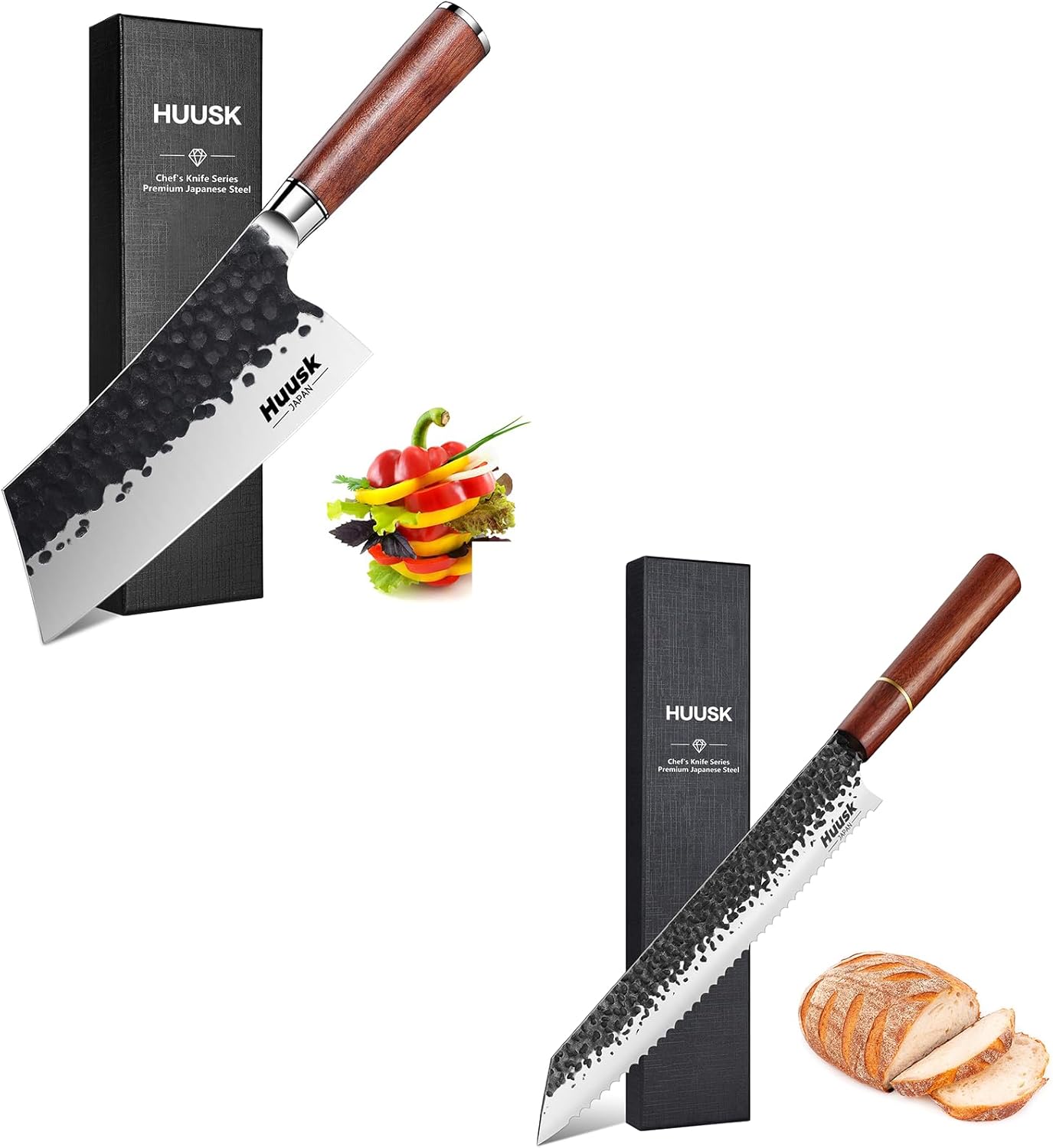 Huusk 9.7 Inch Long Serrated Bread Knife Bundle with 7" Japanese Professional Kitchen Knife