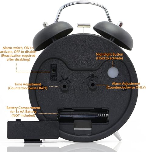 Miniatura 7 de Betus Reloj despertador de doble campana sin tictac, esfera 3D de marco de metal con función de retroiluminación, reloj de mesa de escritorio para