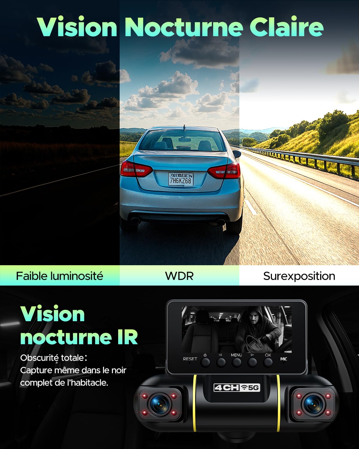 LAMTTO Dashcam Voiture 4 Caméras 360°, 1080P Avant Arrière Gauche Droite WiFi 5G Vision Nocturne IR Carte 128 Go Préinstallée Kit Hardwire Inclus Mode Parking G-Sensor Taxi VTC
