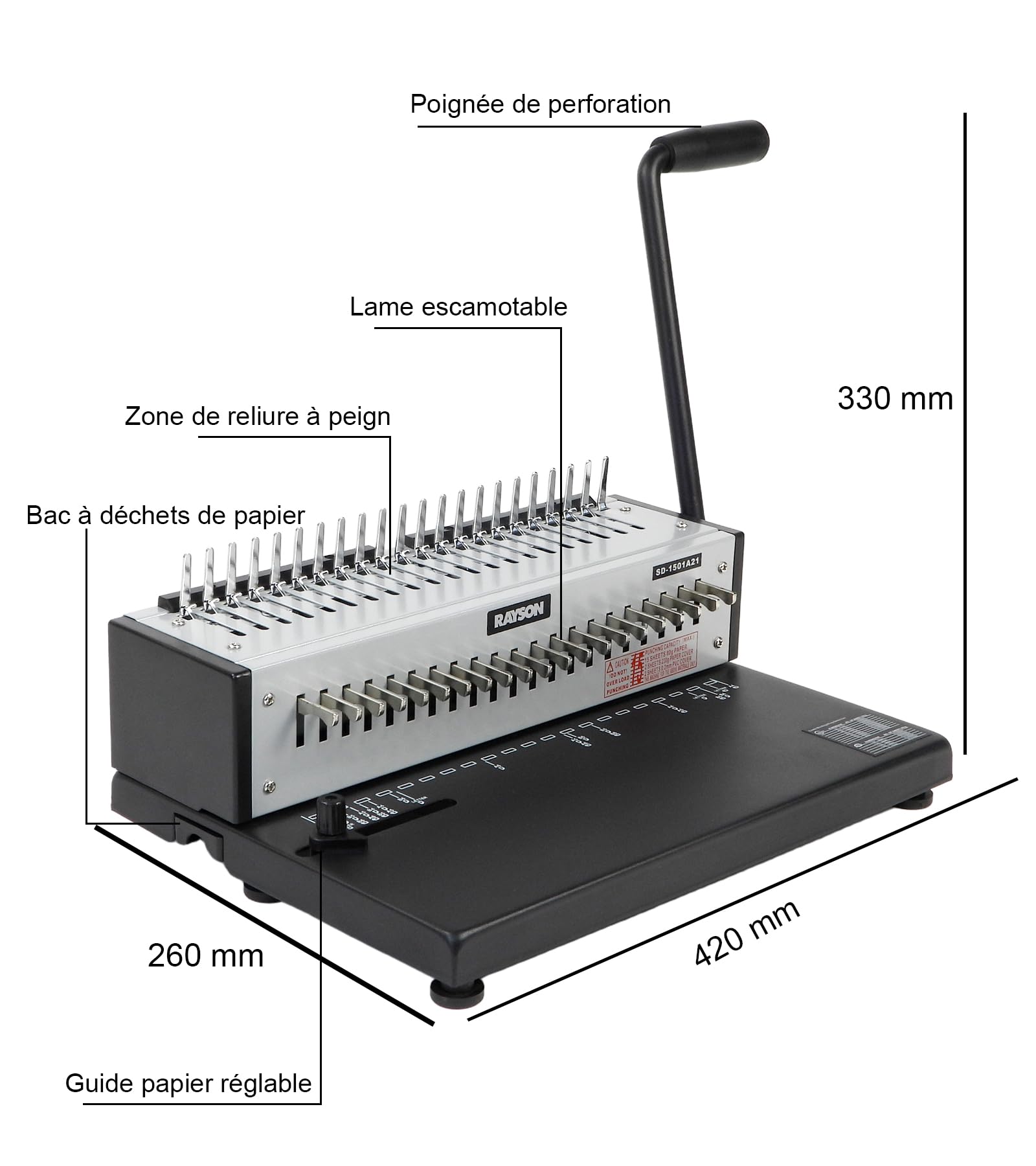 RAYSON Relieuse Spirale Plastique 21 Trous 200 Feuilles SD-1501A21 Construction métallique