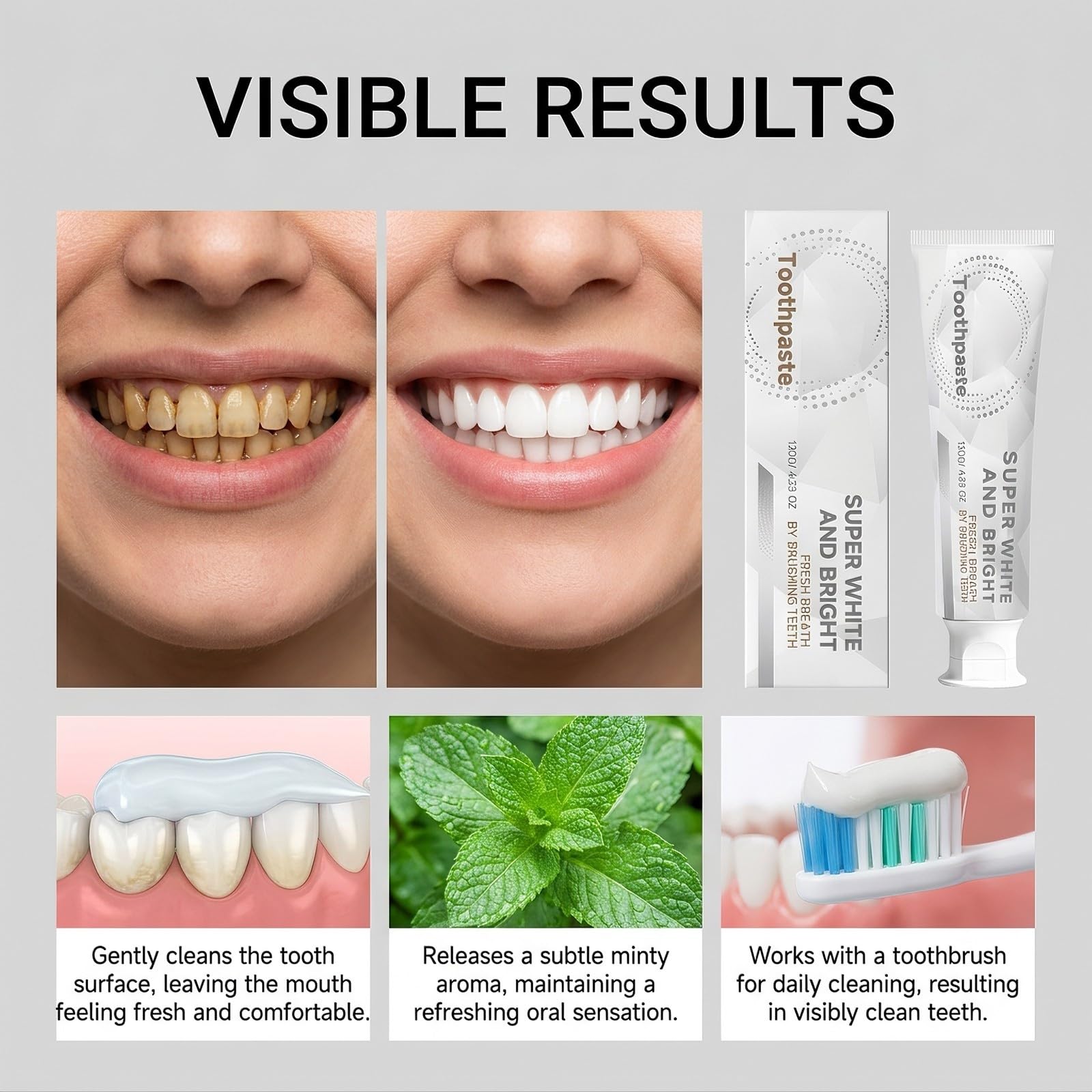 Dentifrice super blanc et brillant, soin doux des taches de surface for les dents jaunes, haleine fraîche à la menthe longue durée, soin buccal quotidien for la maison et les voyages(3pcs)