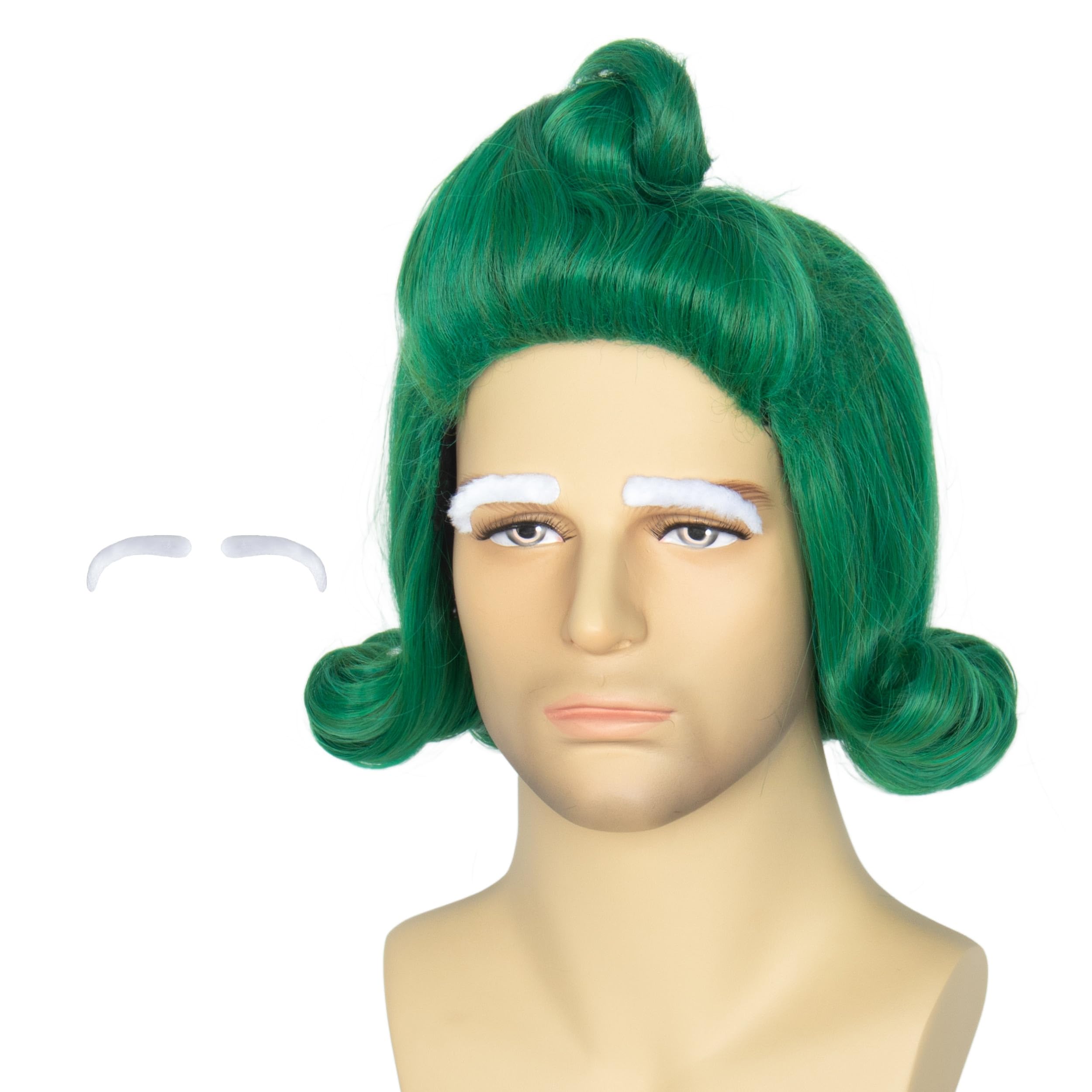 Yan Dream Men Short Wavy Vibrant Green Cosplay Wig with White Eyebrows Man Funny Wigs Halloween Party