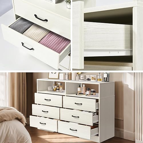 Miniatura 3 de Cómoda blanca para dormitorio, cómodas modernas y cómodas, cómoda blanca de 6 cajones con estantes, cómoda de madera blanca para dormitorio de