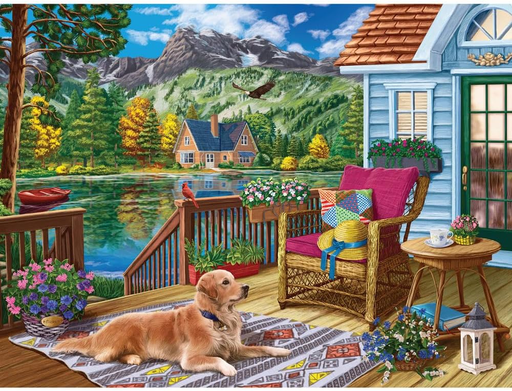 Bits and Pieces – 500 Piece Jigsaw Puzzle for Adults – Terrace Near The Mountain Lake - Lakehouse Dog Jigsaw Puzzle by Image World, Completed Puzzle Size: 18" x 24"