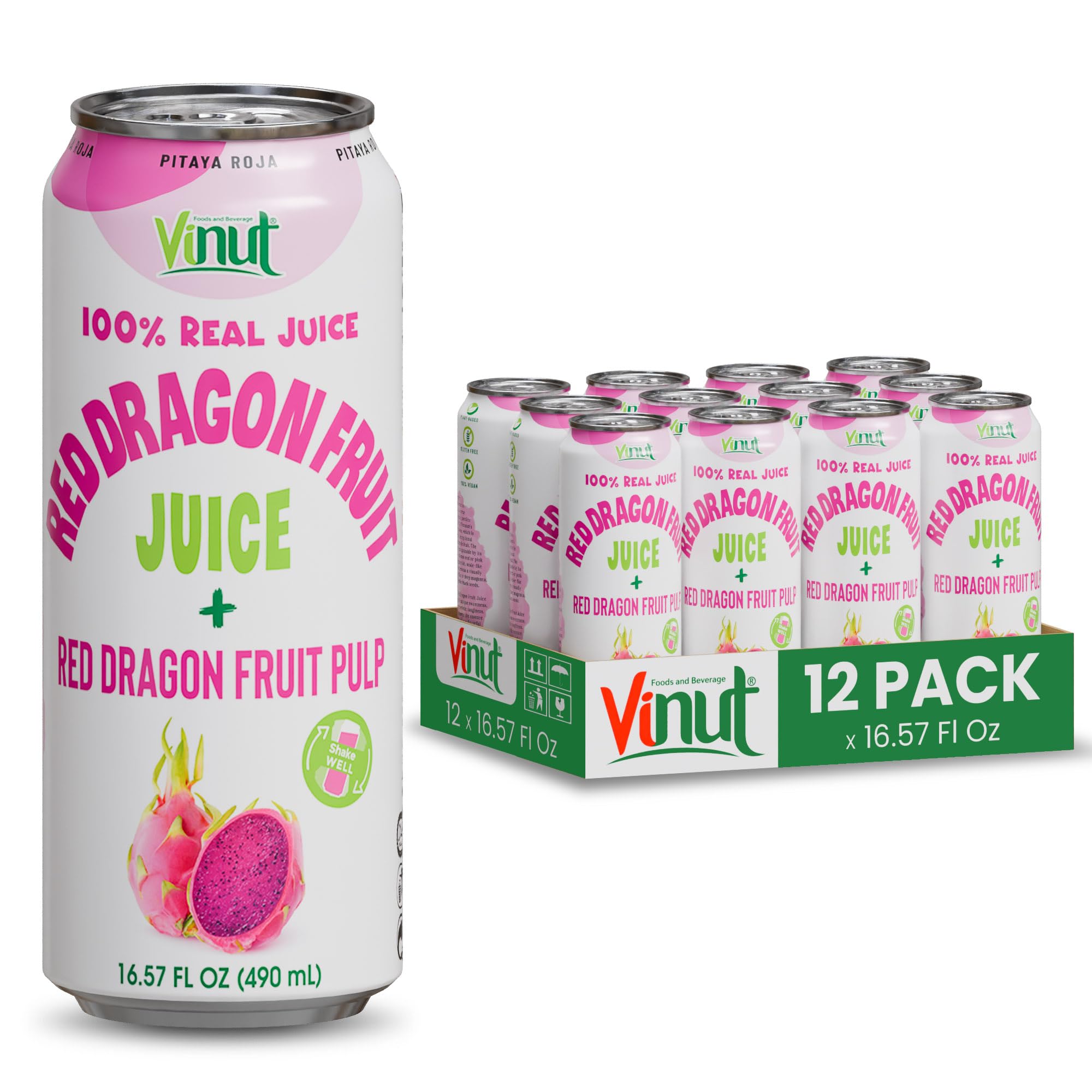 Amazon.com : VINUT 100% Red Dragon Fruit Juice with Pulp (Pitaya), No Added  Sugar, Not From Concentrate, 16.57 fl oz (490 mL) Can, Pack of 12 : Grocery  & Gourmet Food