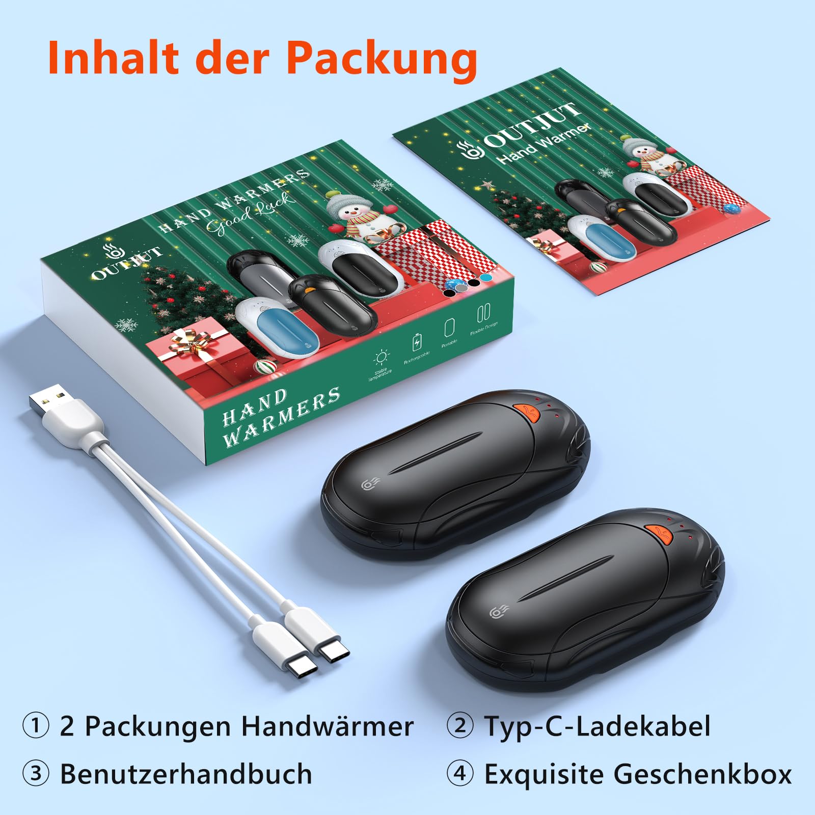 Handwärmer Elektrisch 2er Set, 20 Stunden Akkulaufzeit USB Handwärmer Wiederaufladbar OUTJUT, 6000mAh 3 Heizmodi Schnelles Aufheizen, Outdoor Sport im Winter, Geschenk Weihnachten