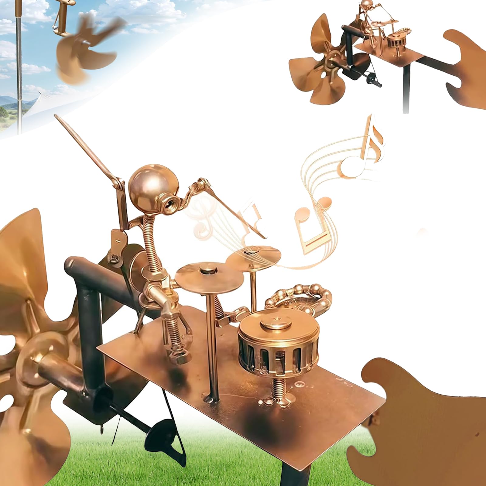 Handmade Metal Drummer Windmill, Steampunk Drummer Wind Spinners for Garden Percussionist Music Figurines