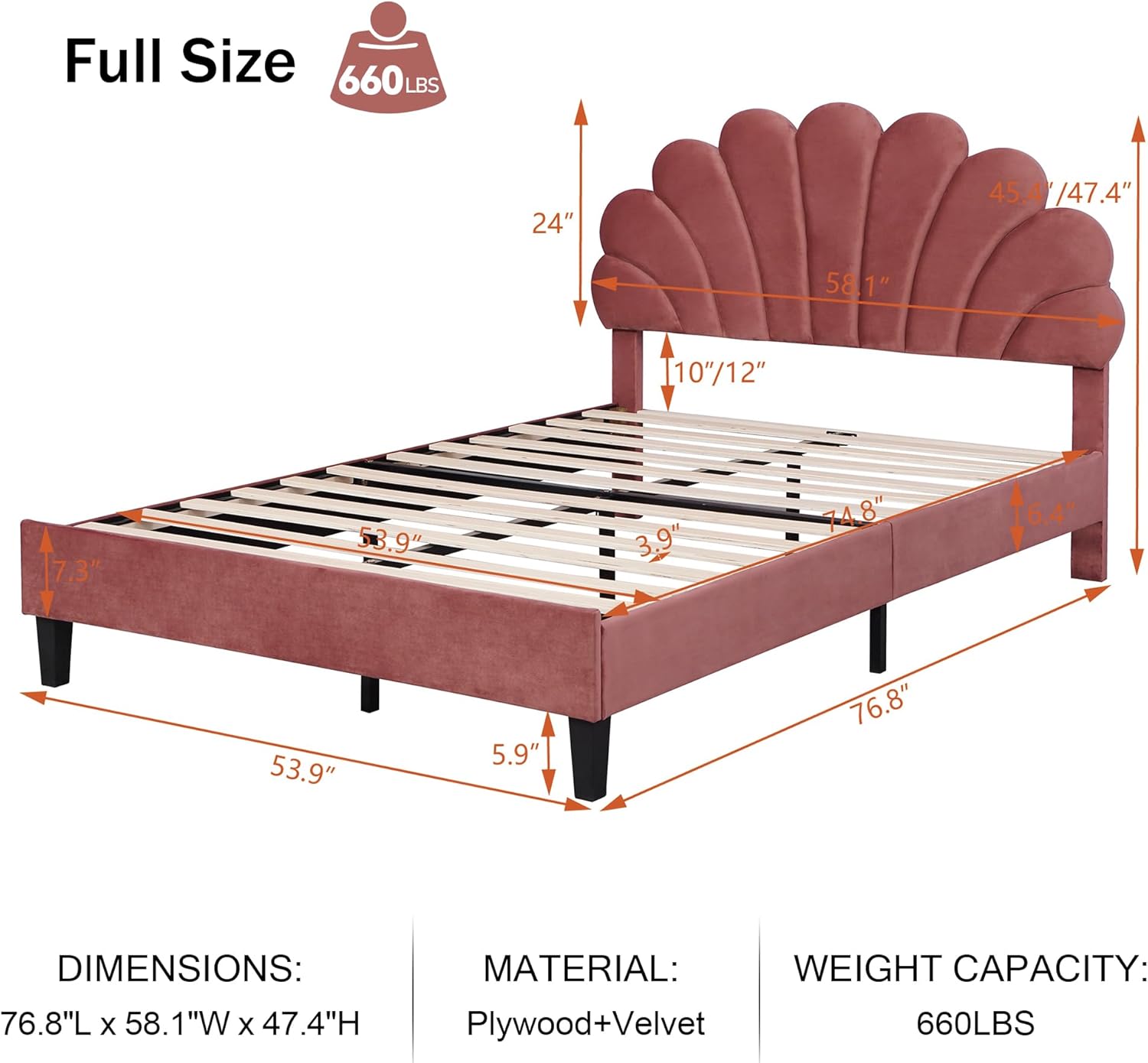 Detailed diagram of the Merax Full Size Platform Bed with all dimensions labeled.
