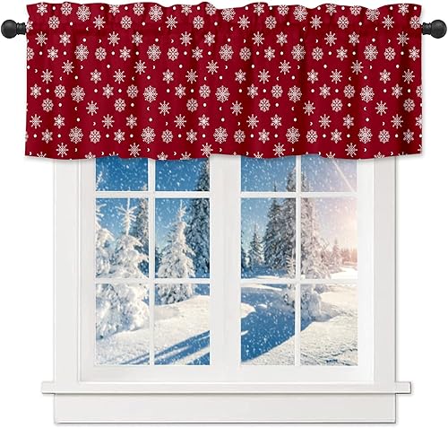 Cenefas de ventana de copos de nieve, cortinas cortas rojas de Navidad para cocina, cortinas con bolsillo para barra, cortinas vintage festivas para