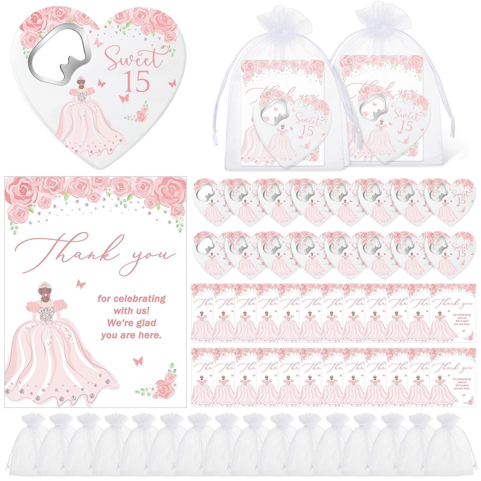 Maxcheck 25 Set Quinceanera Party Favor Gifts for Guests Rose Heart Shaped Bottle Opener Sweet 15 Fridge Magnet Thank You Card Quinceanera Party Guest