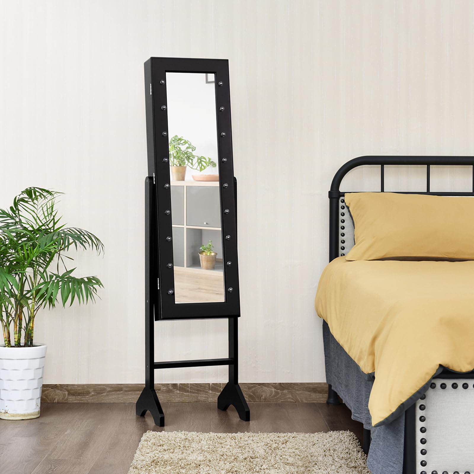 COSTWAY Portagioie Armadietto Specchiera con 18 Luci LED, Specchio a Figura Intera, Organizer per Gioielli Moderno Elegante, 145x35x31,5cm (Nero)