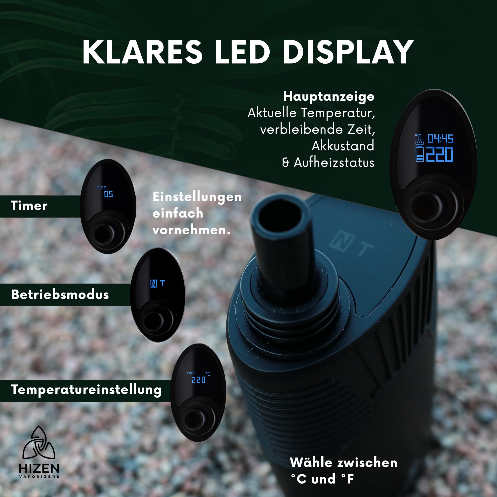 HIZEN Convectum Kräuter Vaporizer – Premium Verdampfer für Kräuter mit echter Konvektion, 80–220 °C stufenlos, USB-C Wechselakku (18650 LG), LED-Display, Endlos-Timer, Aromatherapie, Schwarz
