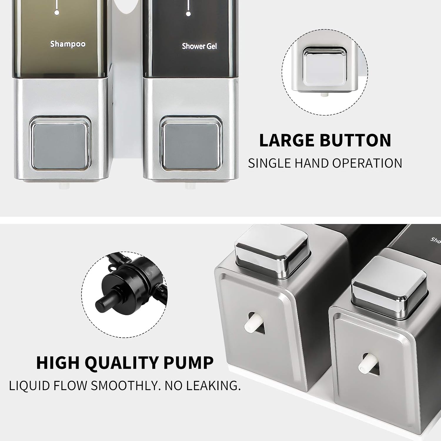 interhasa! Shower Soap Dispenser Drill Free with Adhesive Tap or Wall Mounted with Screws, Hand Soap Dispenser for Shampoo Lotion, Liquid & Gel Soap Dispenser(2 Chamber)