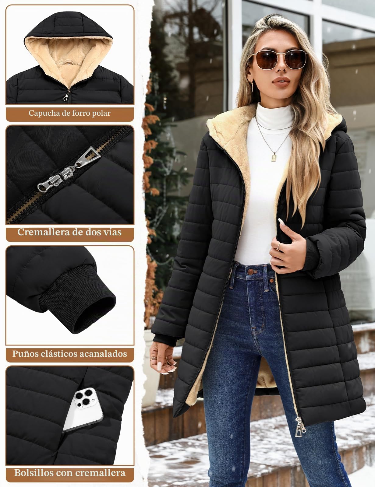 Chaqueta Acolchada Mujer Abrigo Plumas con Capucha Chaquetas de Forro Polar Invierno Otoño Parkas Larga Plumifero Sudadera con Cremallera y Bolsillo para Deportes al Aire Libre