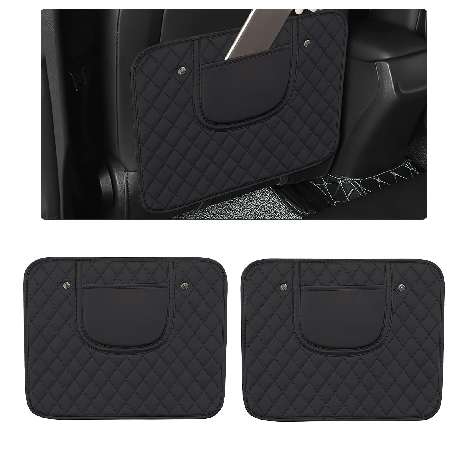 2 Pack Car Kick Mats, Backseat Protector Seat Covers for Kids Feet, Waterproof Leather Seat Back Protective Cover with Storage Bag, Universal Auto Interior Accessories (Black)