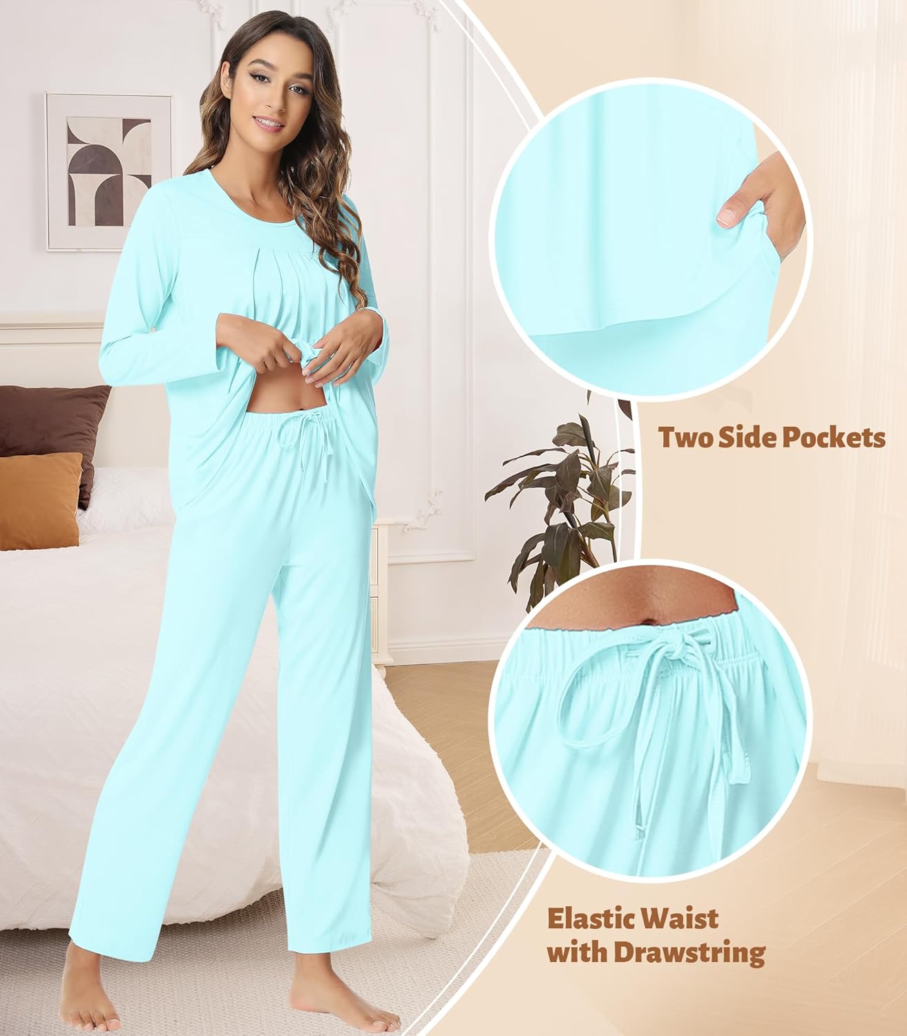 NACHILA Pajamas for Women-Viscose Made from Bamboo,Long Sleeve Pajama Sets Comfy Loungewear Pleated Pjs - Image 4