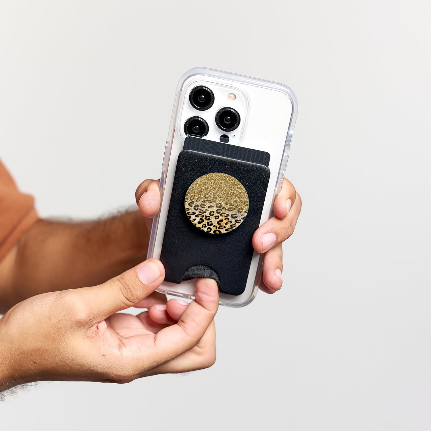 Cute Leopard Gold Print Pattern Fashion Design on Black PopSockets PopGrip: Swappable Grip for Phones & Tablets PopSockets PopWallet for MagSafe