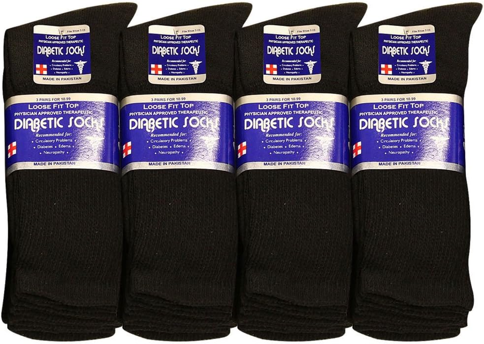 Physicians Approved Diabetic Socks For Men Women Non-Binding Loose Top Wide Crew Length, 12 Pairs Black, 10-13