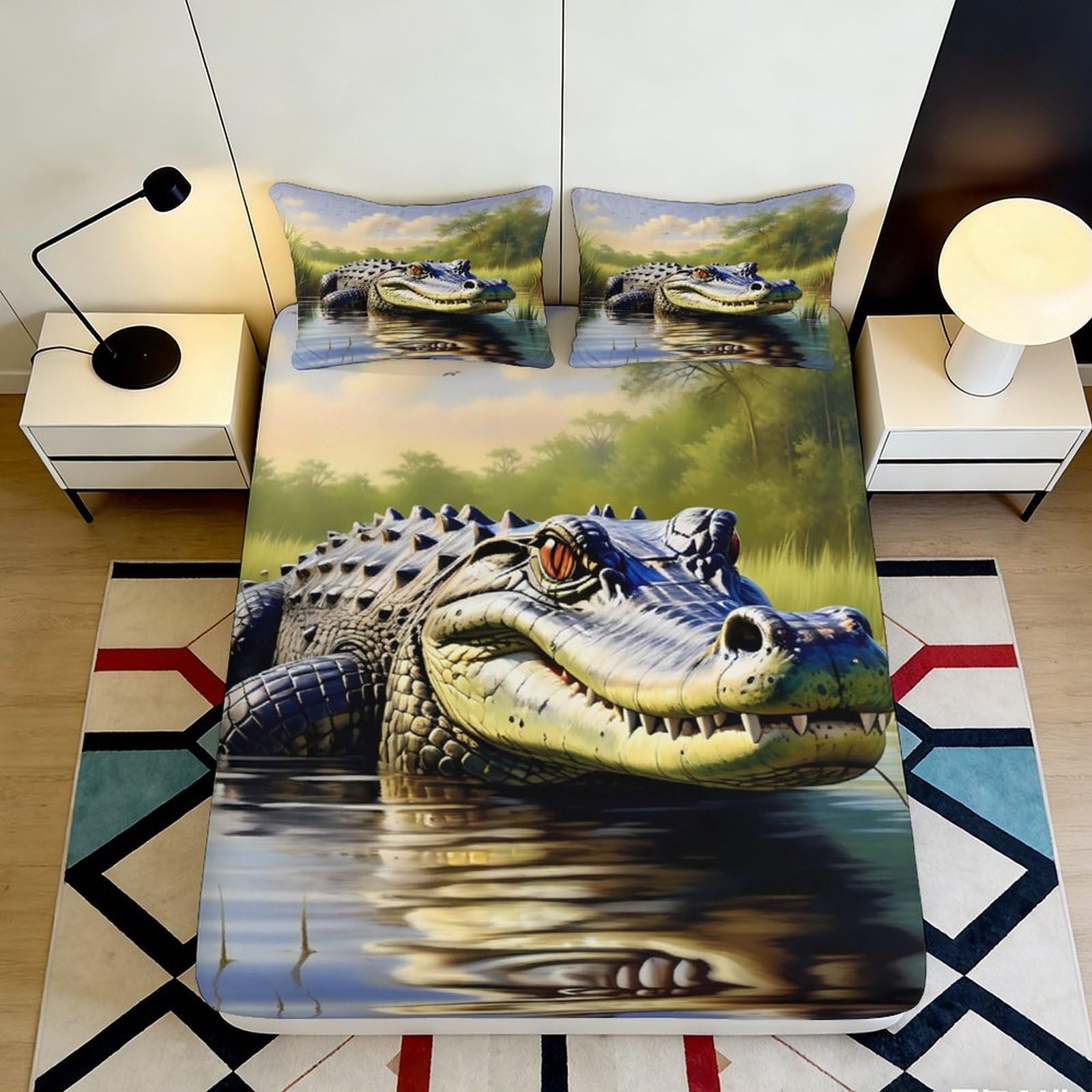 3D Printed Crocodile River Fitted Sheet Microfiber Soft Breathable Jungle Lake Bed Cover for Bedroom Dorm Decor 90x200x25cm