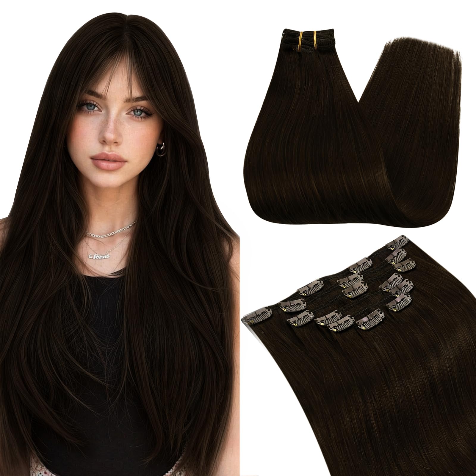 Ugeat Przedłużanie Włosów Clip in, Włosy Ludzkie, Czekoladowy Brąz, 55 cm 7 sztuk 120g, Włosy Clip in Extensions Ciemny Brąz, Remy Naturalne Proste