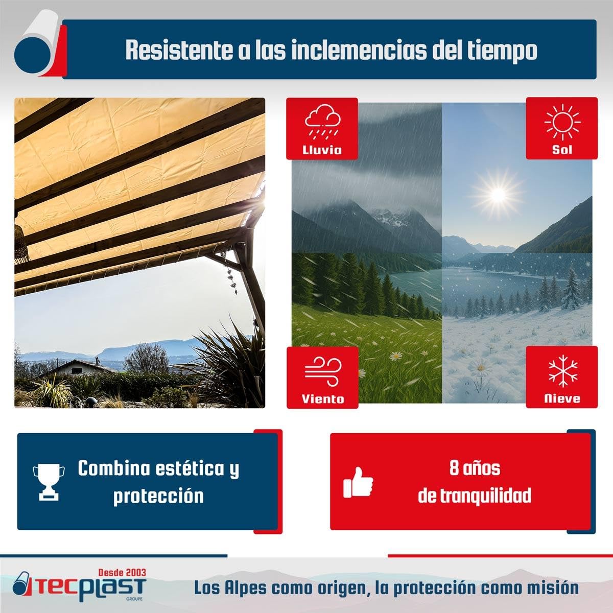 Lona para Pérgola Blanco Crema 3,5x3,5 m - Garantía de 8 años TECPLAST - LP640PR - Lona de PVC Impermeable para pérgola, cenador y terraza