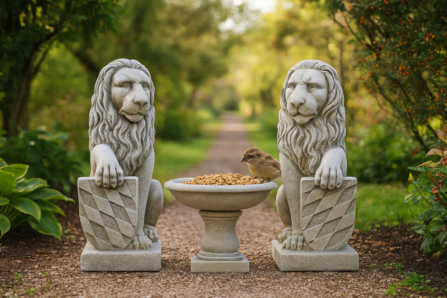 Set di due leoni, in pietra artificiale, statuette da giardino, ornamento, decorazione