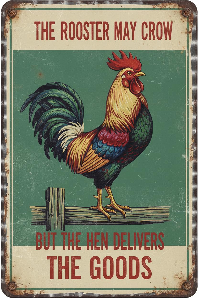 Rooster Kitchen Decor Metal Signs - The Rooster May Crow But The Hen Delivers The Goods Tin Signs For Chicken Kitchen Decor 8"x 12" Vintage Aluminum Plates Printed