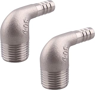 DERPIPE 3/8" Hose Barb x 1/2" Male NPT Stainless Steel 90 Degree Elbow Barbed Thread Pipe Fitting (Pack of 2)