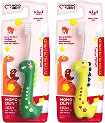 MOMODENT Escova de Dente Infantil Dinossauro - Cerdas Super Macias, Cabo Ergonômico, Para Crianças de 3 a 8 Anos, Compacta e Portátil, 1 Unidade (Verde+Amarelo(2 unidades))