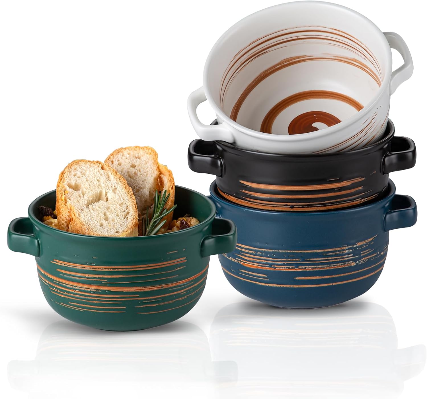 YUN TAO 32 oz Versatile Deep Soup Bowls with Handles, Large Ceramic Soup Crocks for French Onion, Ramen, Stews, Pot Pies, Cereal, Oven & Dishwasher Safe - Set of 4