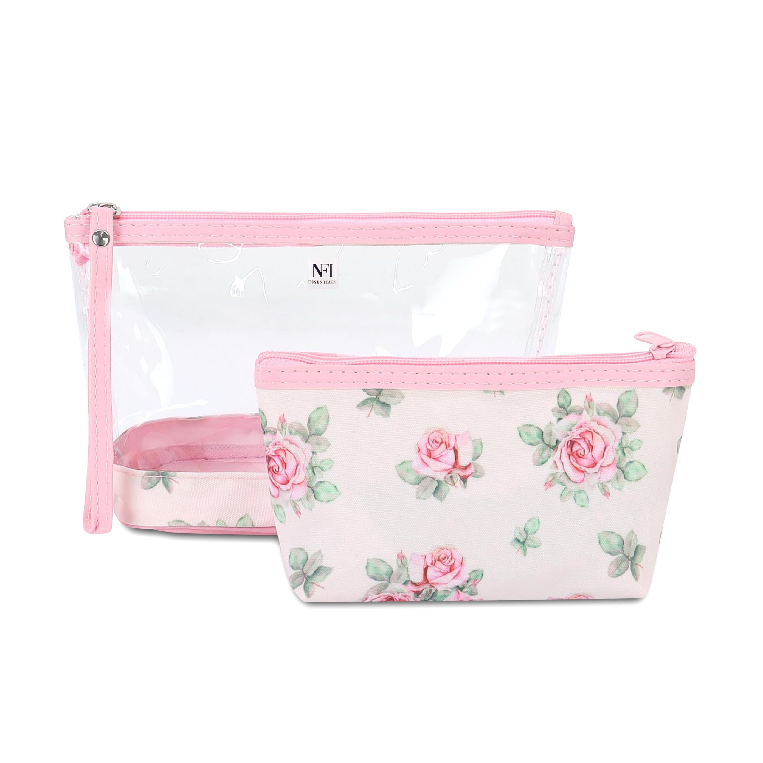 NFI essentials Set of 2 Flower Print Cosmetic Pouch Makeup Pouch Travel Organizer Toiletry Bag for Women Zippered Pouch Set with Handle, Large & Medium-image-2