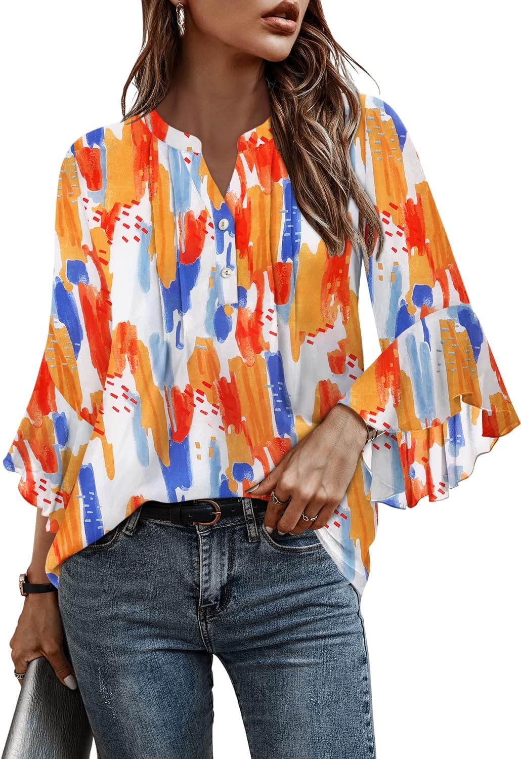 Angerella Womens 3/4 Sleeve Dressy Casual Top Trendy Shirts V Neck Business Work Chiffon Blouses - Image 2