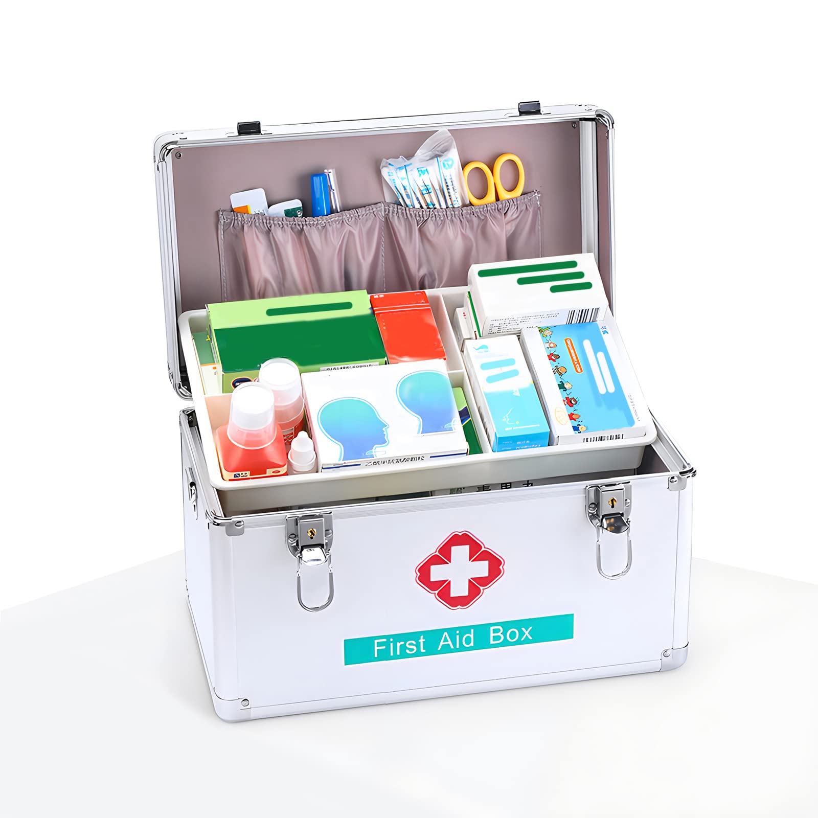 Cassetta Portamedicinale In Alluminio A 2 Strati Con Serratura | Astuccio Di Primo Soccorso Portatile Con Tracolla Per Casa E Viaggio