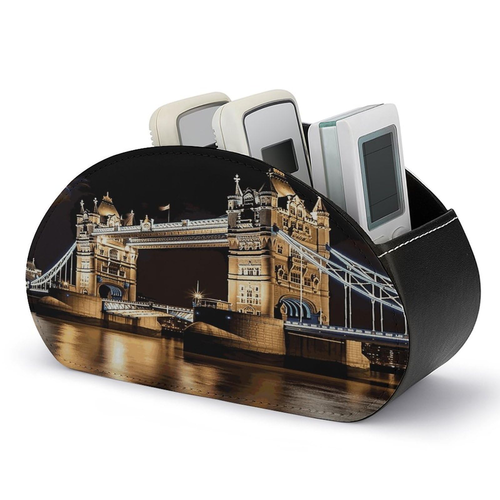 LDGSUPH Night London Tower Bridge Remote Control Holder with 5 Compartments PU Leather TV Remote Caddy Storage Box Multi-functional Desk Storage Organizer Box Anti-slip Desktop Caddy