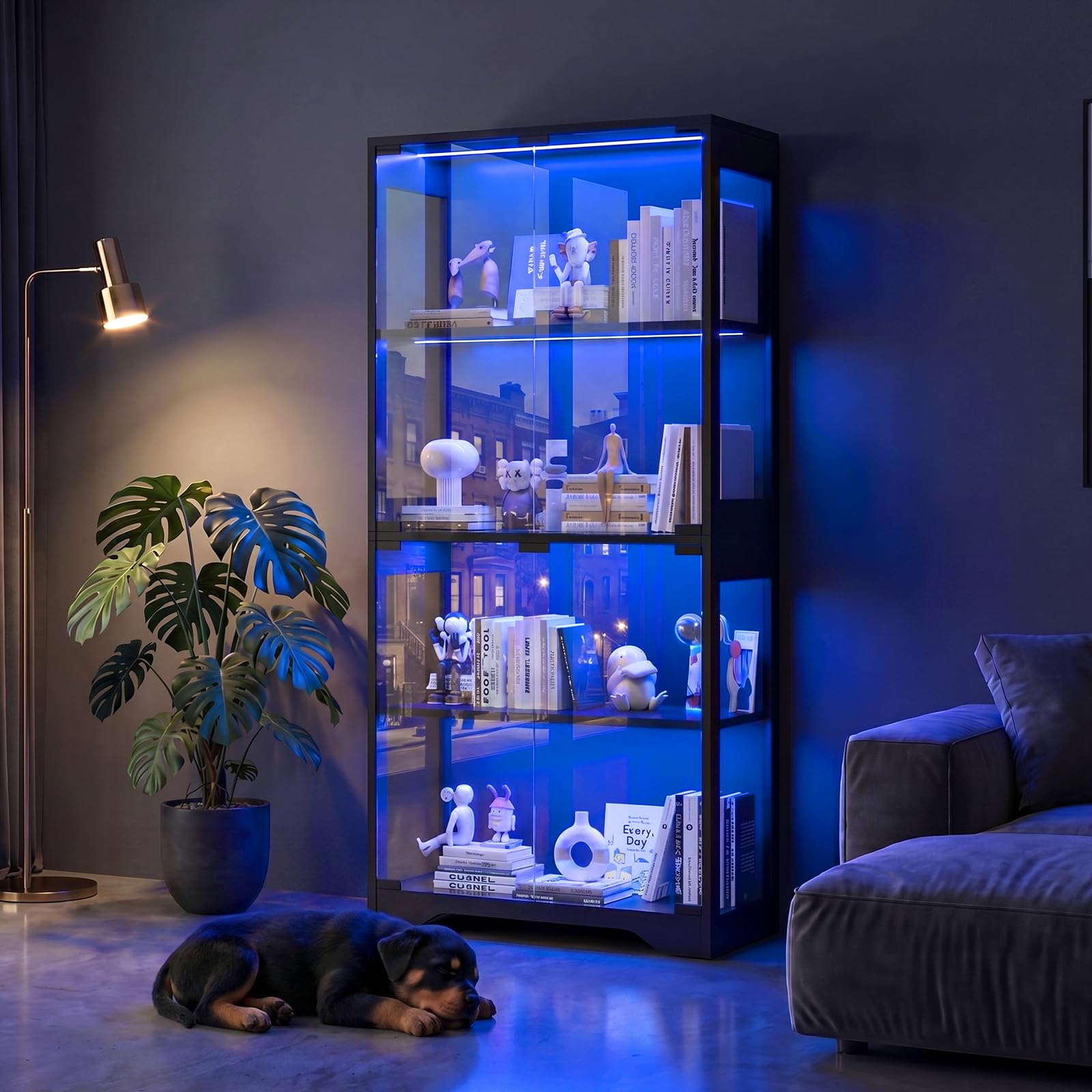 JUMMICO Vitrine en Verre LED Multicolore, Effets Lumineux Dynamiques, Vitrine Salon pour Collections avec 4 Niveaux, 80 x 35 x 165,5(H) cm Noire