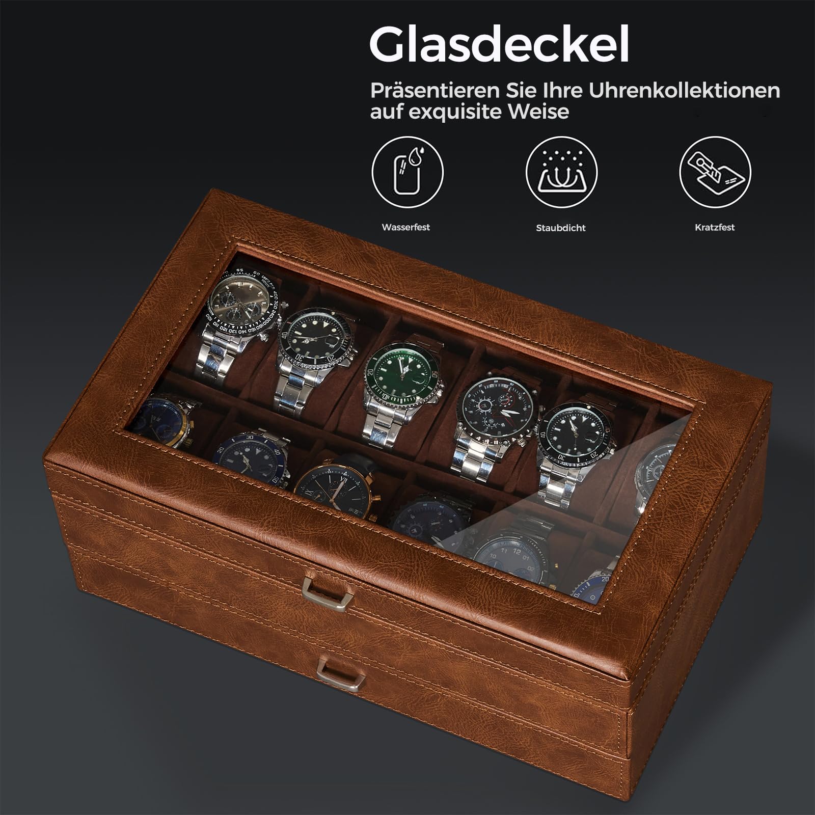 Uhrenbox Herren mit 12 Fächern, Klassiker PU-Leder Uhrenständer 2 Ebenen | Uhrenkasten mit Herausnehmbaren Uhrenkissen und Schublade, Premium Uhrenkoffer mit Glasdeckel (mit Geschenkbox) Braun
