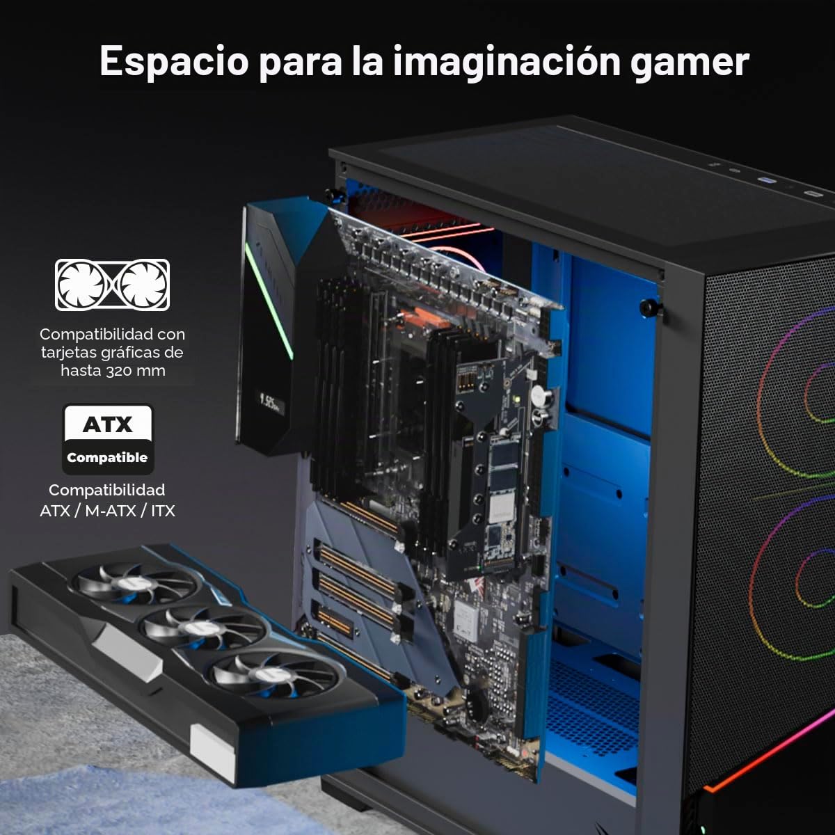 YEYIAN Chasis PC Caja Gamer Elara Mid-Tower, Compatible con ATX/M-ATX/ITX, Panel de Cristal Templado, 4 Ventiladores Incluidos RGB (3 Frontal y 1 Trasero), Color Negro