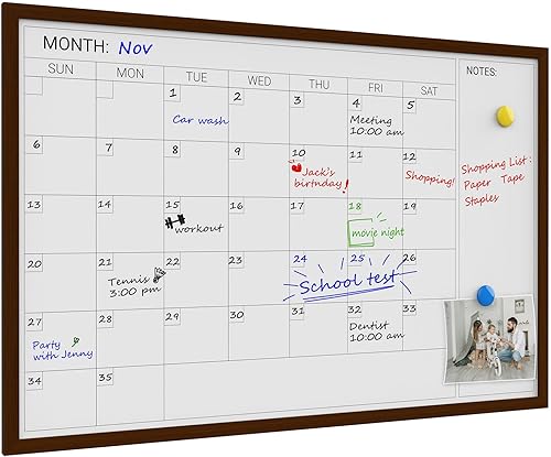 Comix Calendario de borrado en seco para pared, pizarra blanca magnética de borrado en seco con marco de madera marrón, 36 x 24 pulgadas, tablero