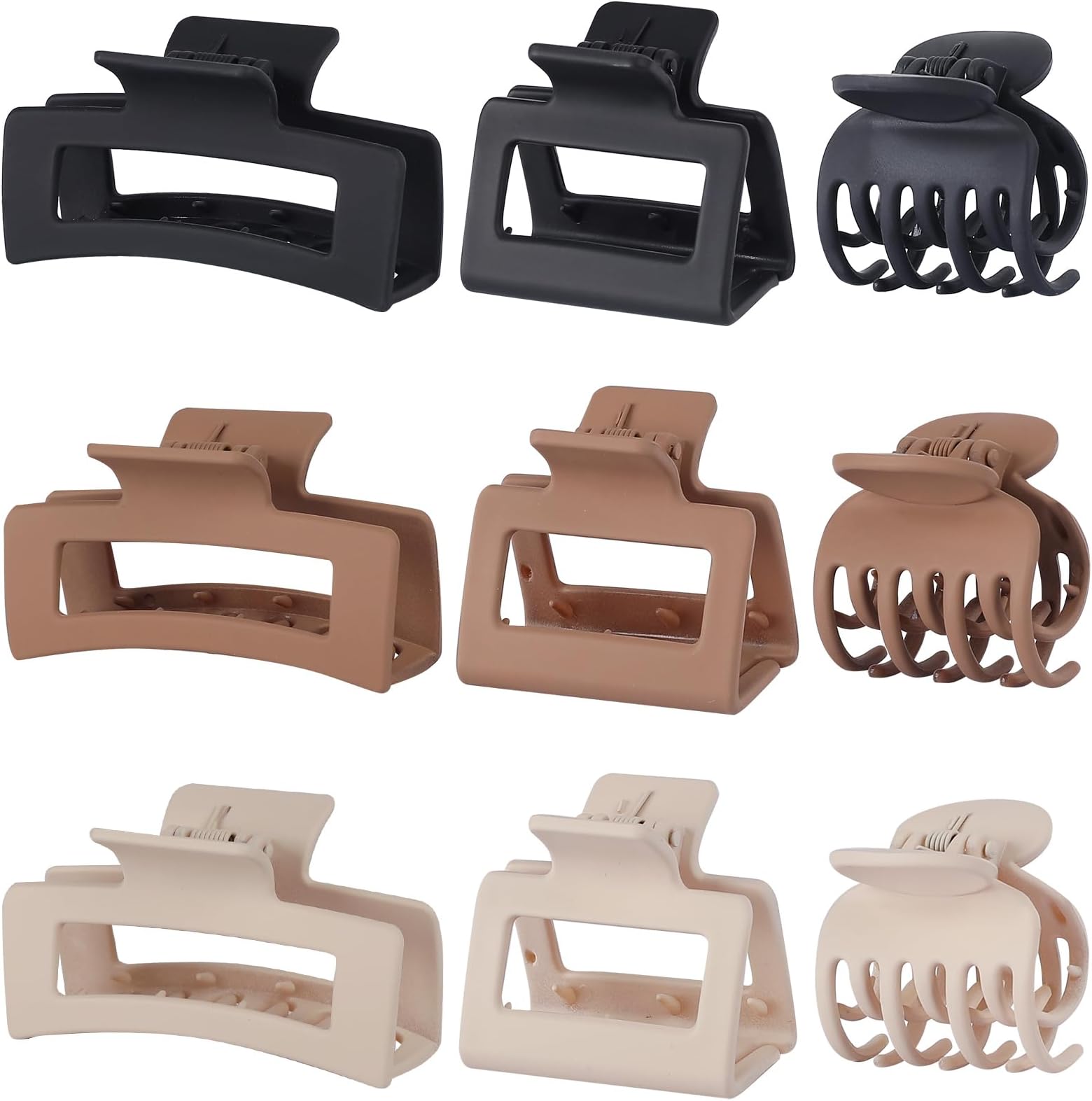 CHANDAT Medium Claw Hair Clips Set for Women - 3 Styles, 9 pcs Rectangle Clips for Thick Hair, Square Clips for Thin Hair - Brown