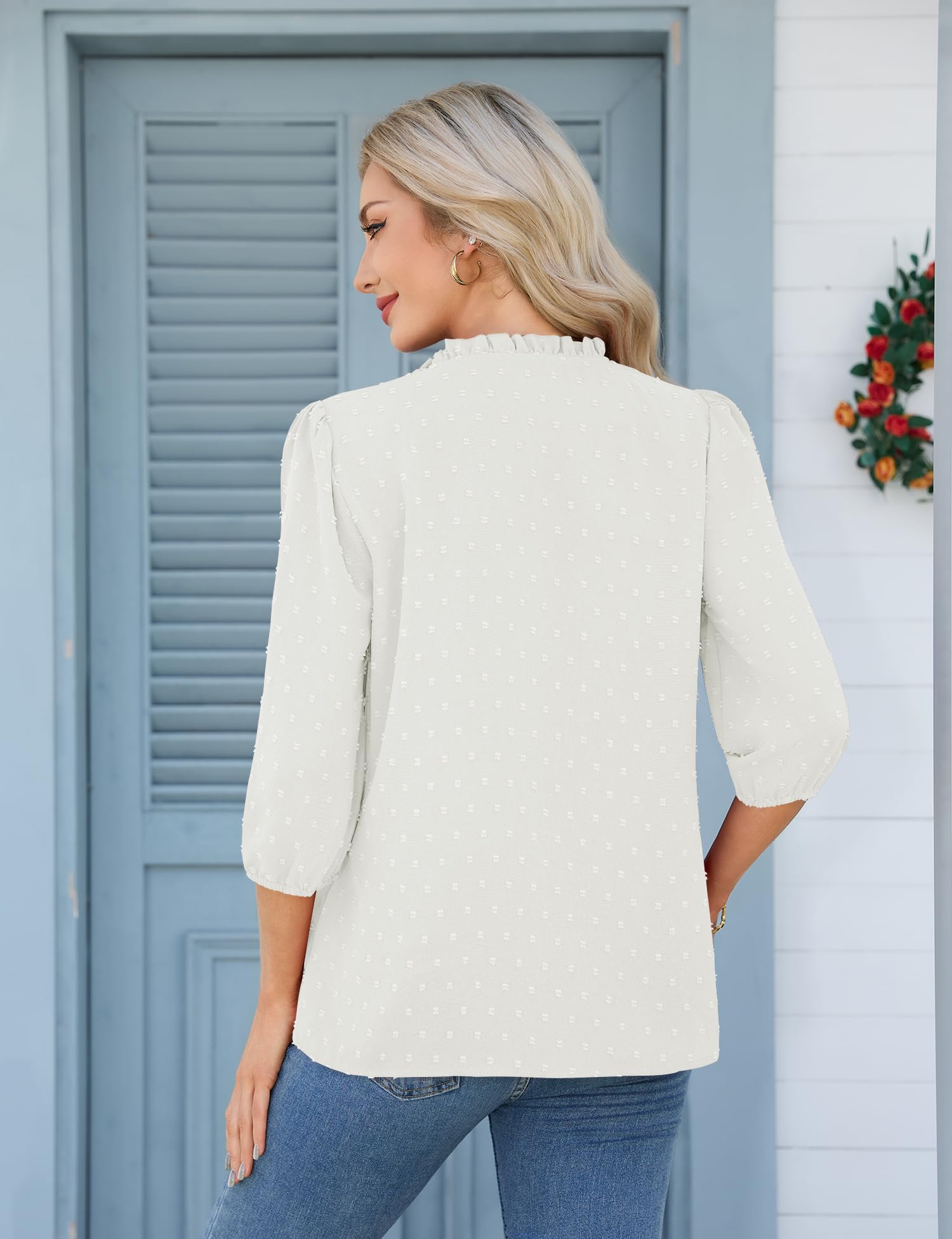 iWoo Musselin Bluse Damen 3/4 Arm V-Ausschnitt Elegant Festlich Oberteil Tunika Sommer Tops Business Lässig Blusen 2026