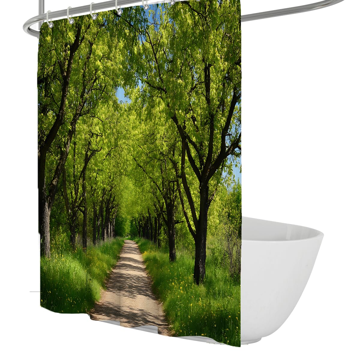 UERWOWELL Bright Rural Forest Landscape Shower Curtain Green Tree Alley Shower Curtain Modern Fresh Greenery Bathroom Decoration Machine Washable W180xL220 cm