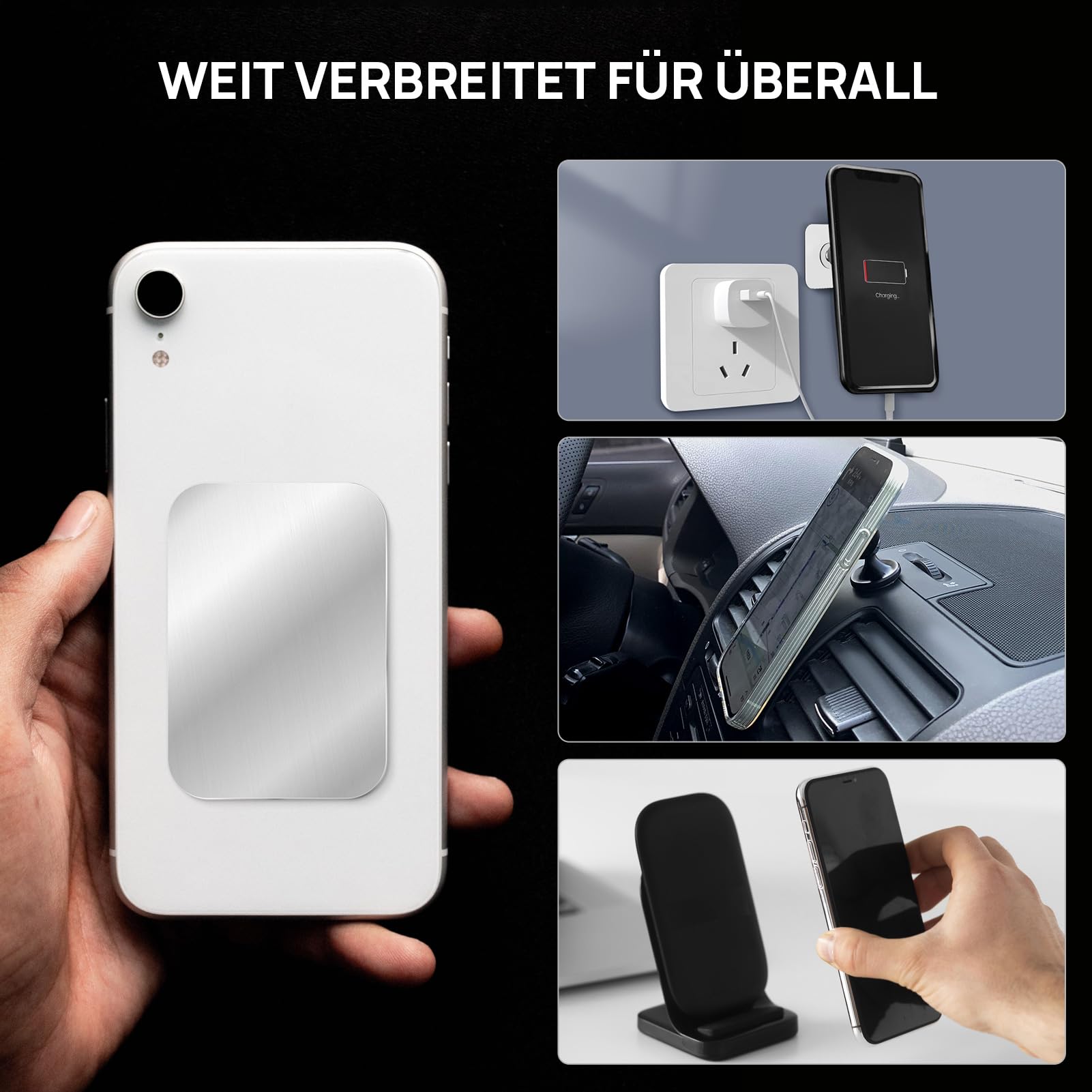 6 Piastre Metalliche Adesive Per Supporto Magnetico Auto: Rettangolari Sottili Nere/argento Per Cellulare O Custodia - 3