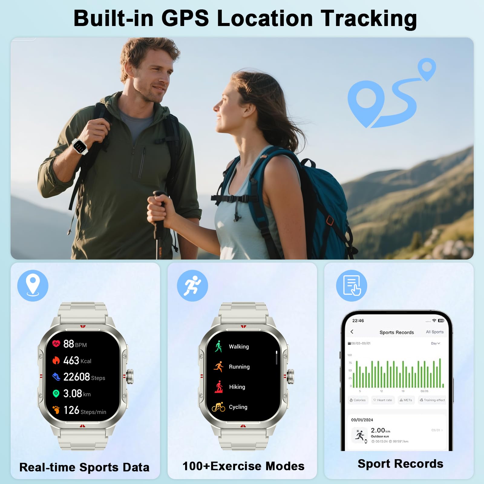 GPS Smartwatch Uomo Donna, 2.06" HD Orologio Smartwatch con Chiamate Bluetooth, Cardiofrequenzimetroi/Sonno/SpO2/Contapass, 100+ Sportive Smart Watch, IP68 Impermeabil Fitness Tracker per iOS Android