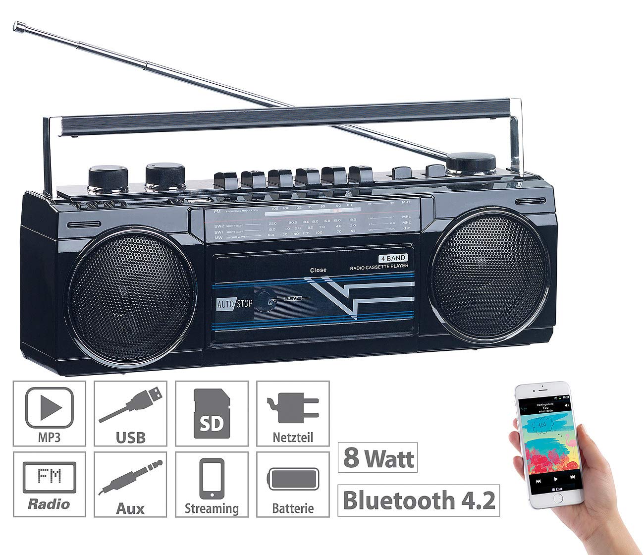 auvisio Radio casetes portátiles - grabadora de casetes Retro: Boombox Retro, Reproductor de casetes, Radio FM, SW y MW (grabadora Radio, años 90, SDS)